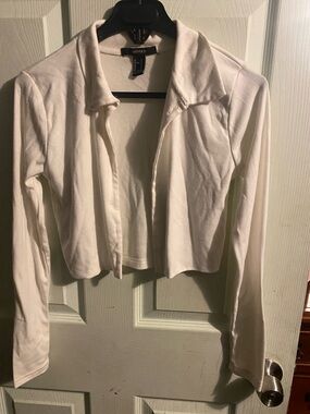 Forever 21 White Cropped Open-Front Collared Top